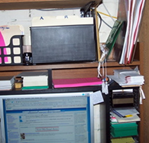 The order forms that fell normally between the small green plastic folder and the clipboards on the right side of the desk. As you can see nothing else on the desk fell over.